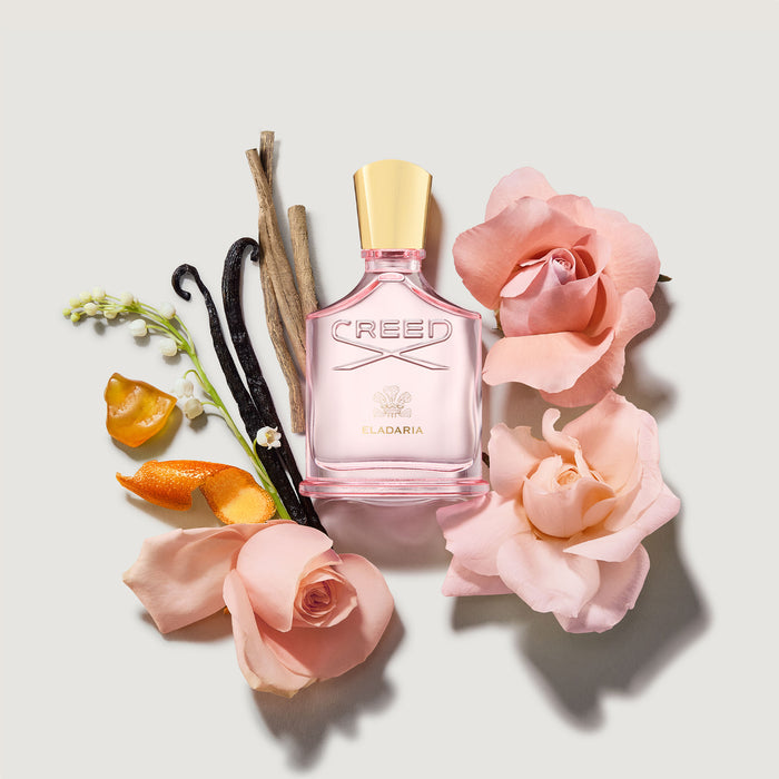 Creed Eladaria Floral Rose Perfume with Vanilla, Citrus & Rose Ingredients Flat Lay | Creed Fragrances