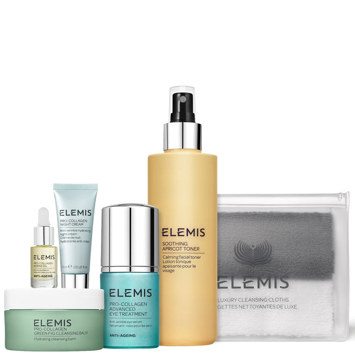 Elemis Renew & Restore Nighttime Rituals Skin Care Set with bottles and jars, designed for nourishing and rejuvenating overnight skincare.