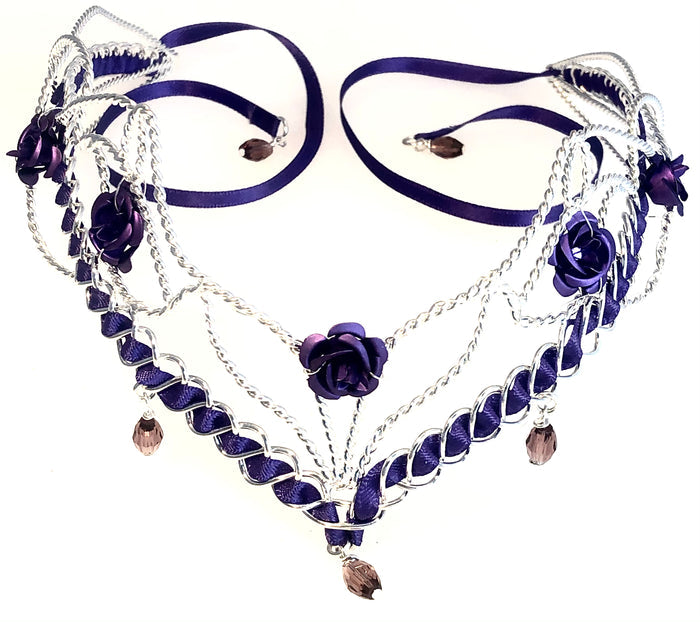 Fairy Princess Crown - Silver Ribbon Tiara with Roses and Gems front view