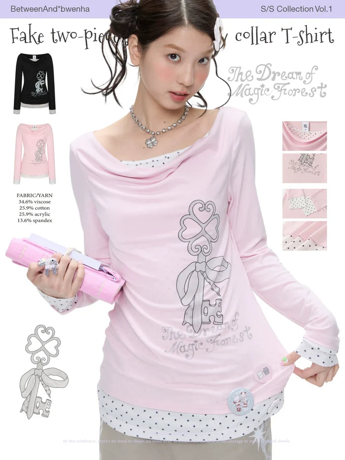 Fake two-piece spliced floppy collar long sleeve top