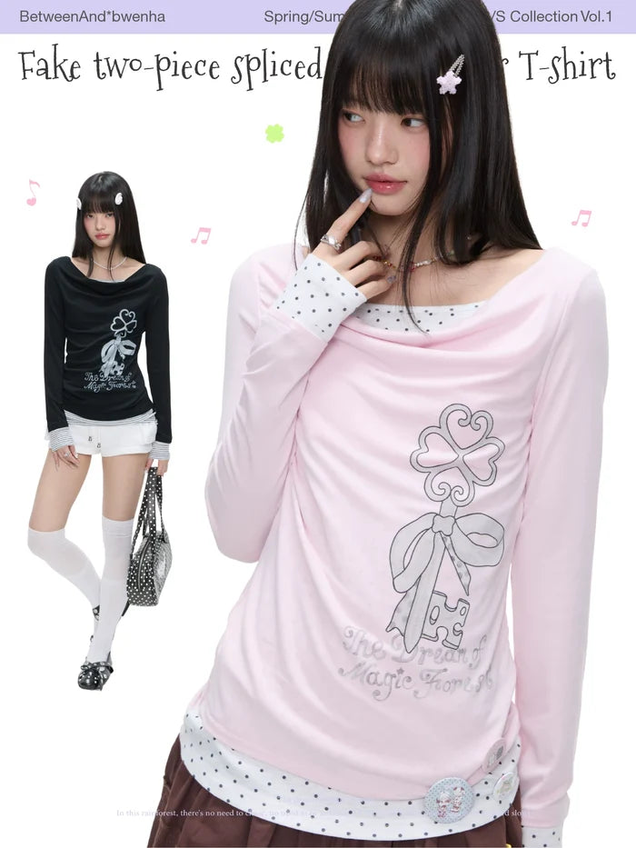 Fake two-piece spliced floppy collar long sleeve top