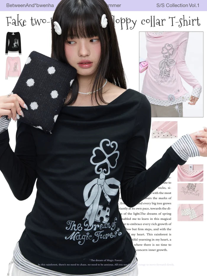 Fake two-piece spliced floppy collar long sleeve top