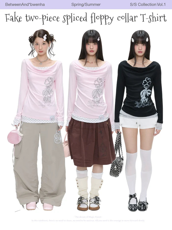 Fake two-piece spliced floppy collar long sleeve top