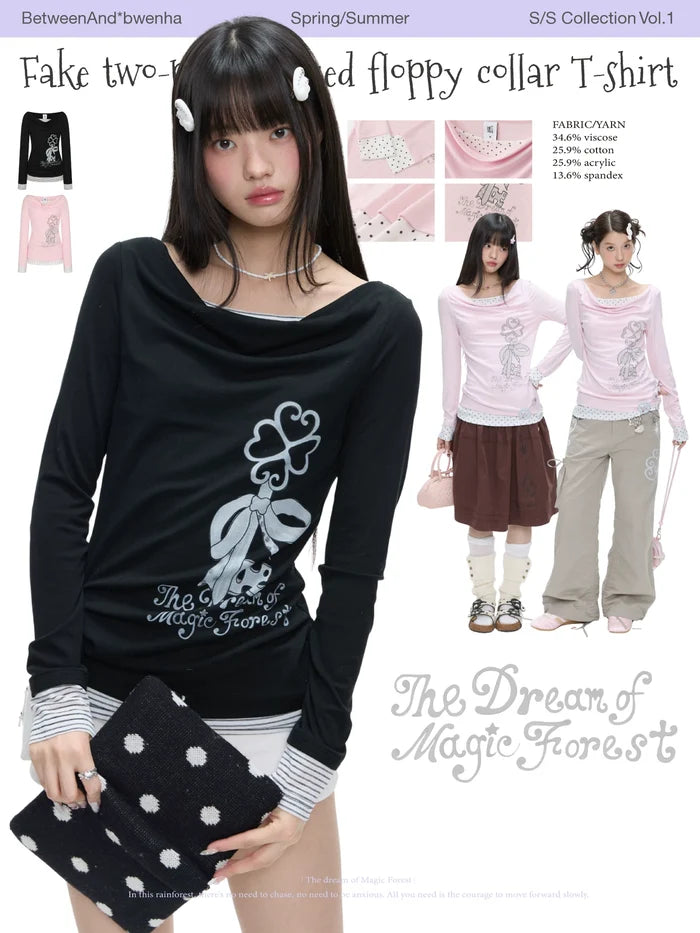 Fake two-piece spliced floppy collar long sleeve top
