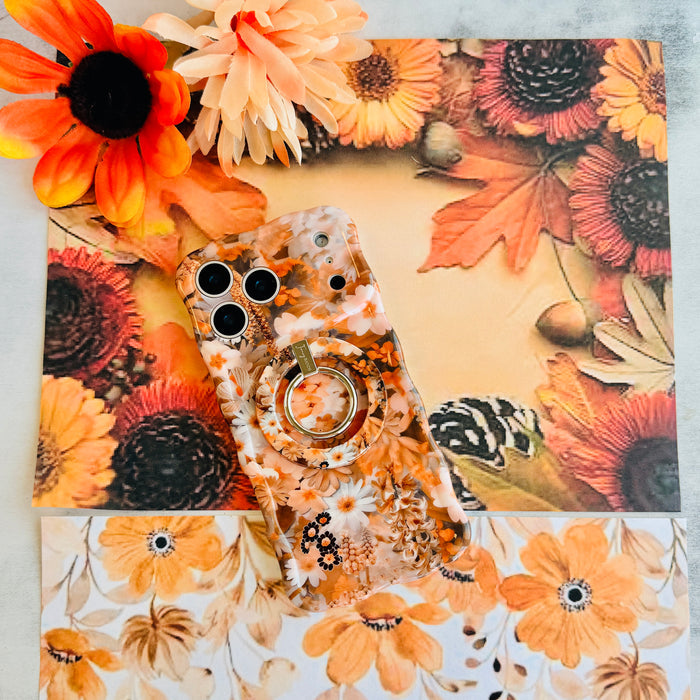 Fall Blooms Hold It Fancy MagSafe grip ring with a warm autumn floral print in orange and cream from Fancy Bands