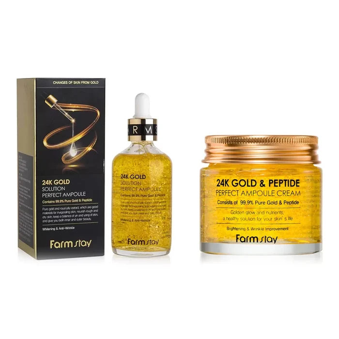 Farmstay 24K Gold Solution skincare set with 80ml cream and 100ml ampoule, featuring luxurious gold-infused formulas for radiant skin.