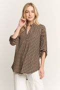 Feelings of Fall Gingham Black/Mocha Quarter Sleeve Top