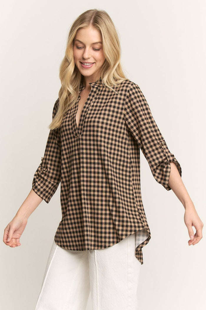 Feelings of Fall Gingham Black/Mocha Quarter Sleeve Top