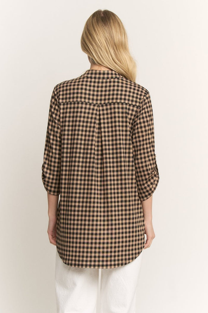 Feelings of Fall Gingham Black/Mocha Quarter Sleeve Top