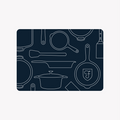 Field Company gift card in navy with white line drawings of skillets, a Dutch oven, and kitchen tools