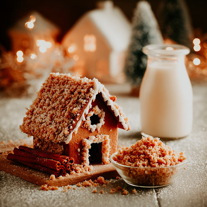 Gingerbread house with cinnamon sticks and a jar of milk on a wooden surface.