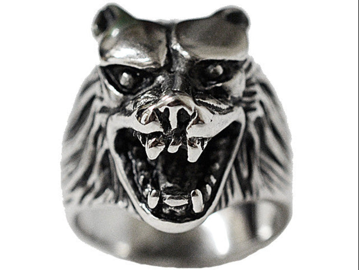 Snarling wolf ring in stainless steel front view
