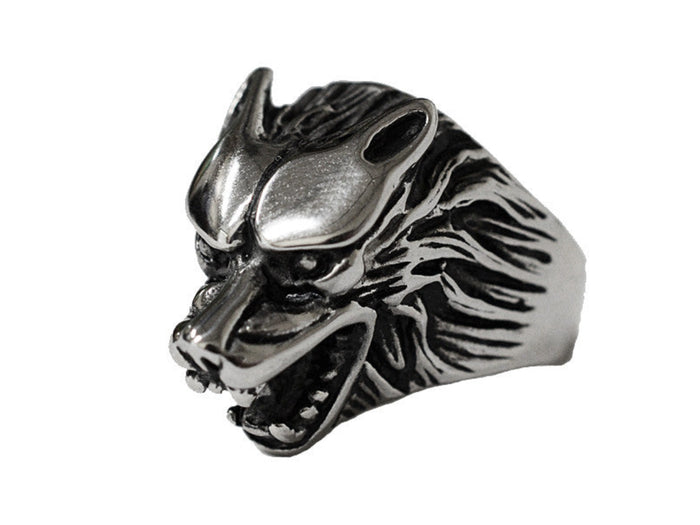 stainless steel gmork wolf ring fierce wolf jewelry side 
view