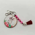 White bunny handbag tag with roses wooden cutout and red tassel