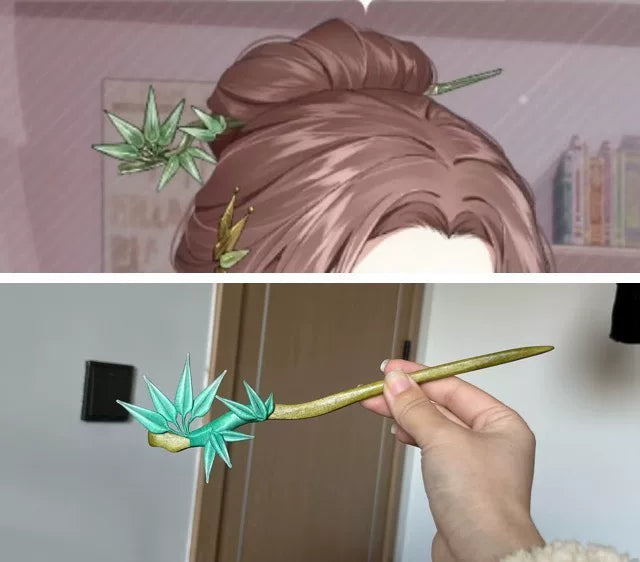 Handmade Chanhua bamboo - leaf hairpin with green leaves and a slender stem