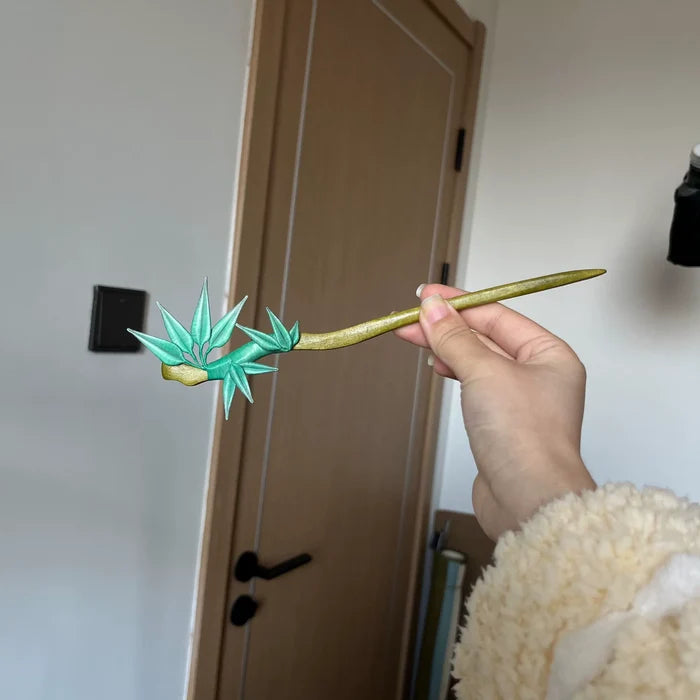 Handmade Chanhua bamboo - leaf hairpin with green leaves and a slender stem-2
