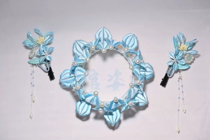 Handmade Chanhua light blue lotus flower crown and matching hairpins
