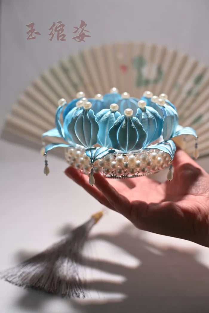 Handmade Chanhua light blue lotus flower crown and matching hairpins-2