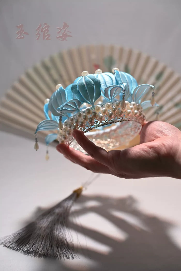 Handmade Chanhua light blue lotus flower crown and matching hairpins-3