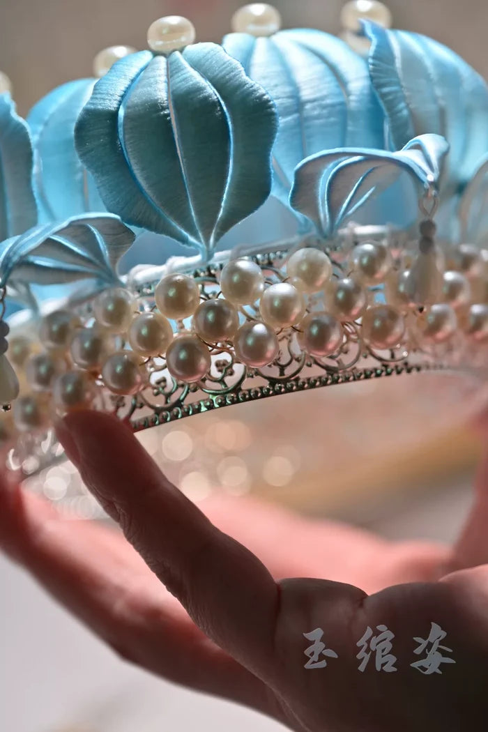Handmade Chanhua light blue lotus flower crown and matching hairpins-4