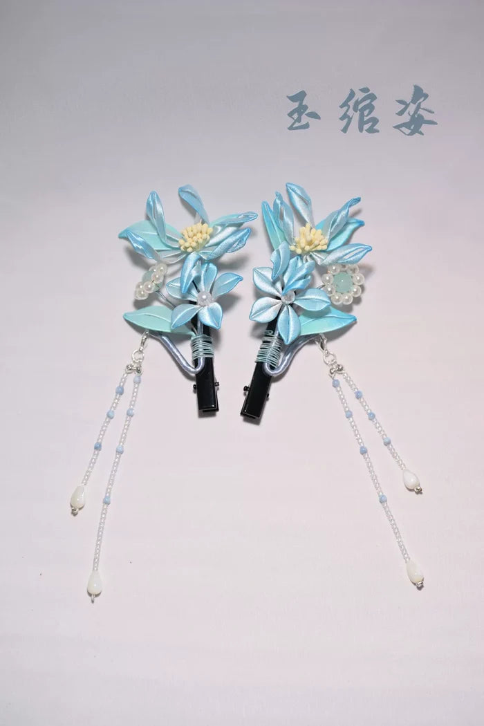 Handmade Chanhua light blue lotus flower crown and matching hairpins-5