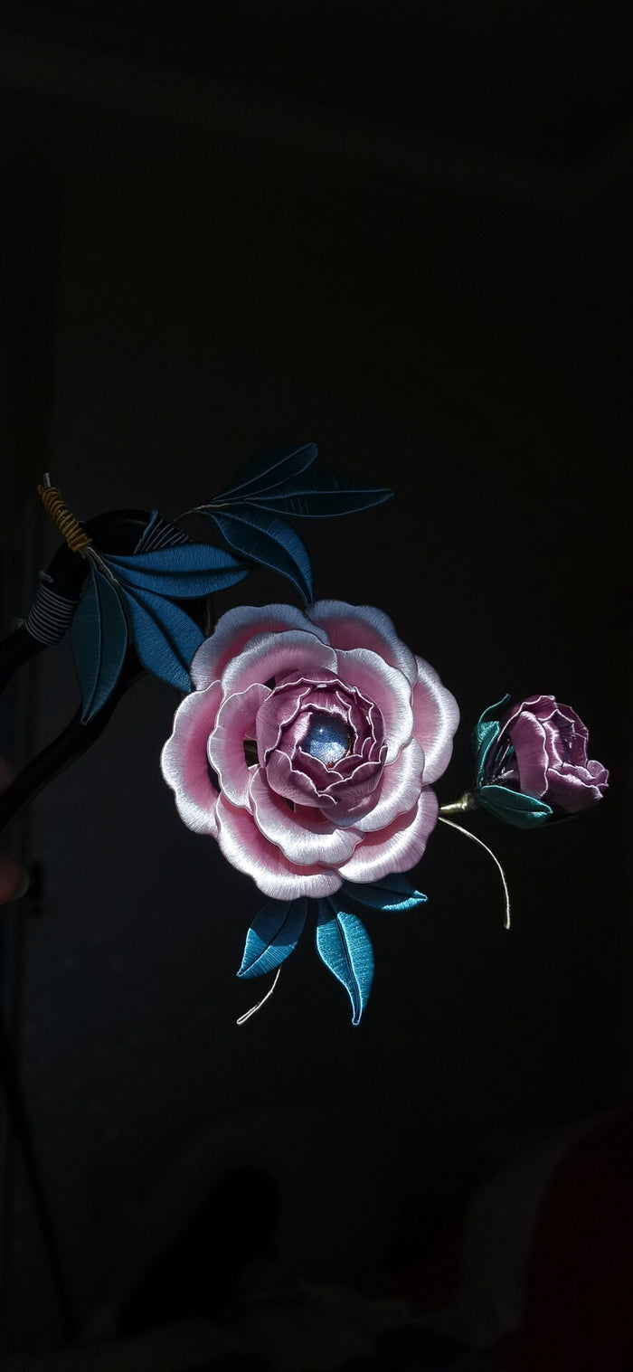 Handmade Chanhua peony hairpin with pink flower and blue leaves