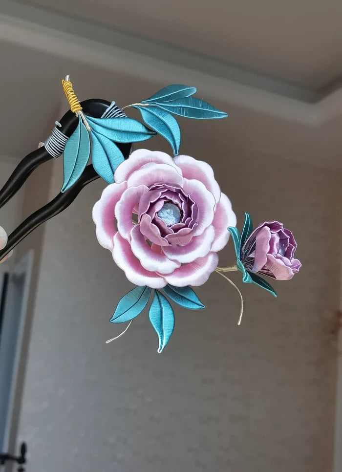 Handmade Chanhua peony hairpin with pink flower and blue leaves-2