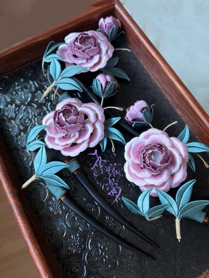 Handmade Chanhua peony hairpin with pink flower and blue leaves-3