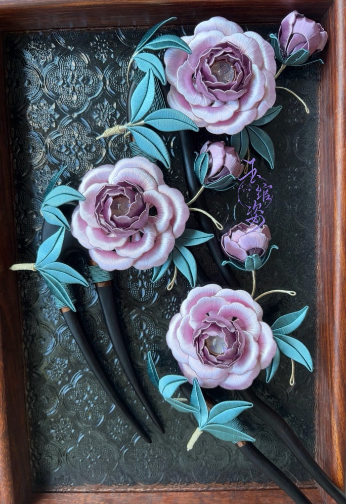 Handmade Chanhua peony hairpin with pink flower and blue leaves-4