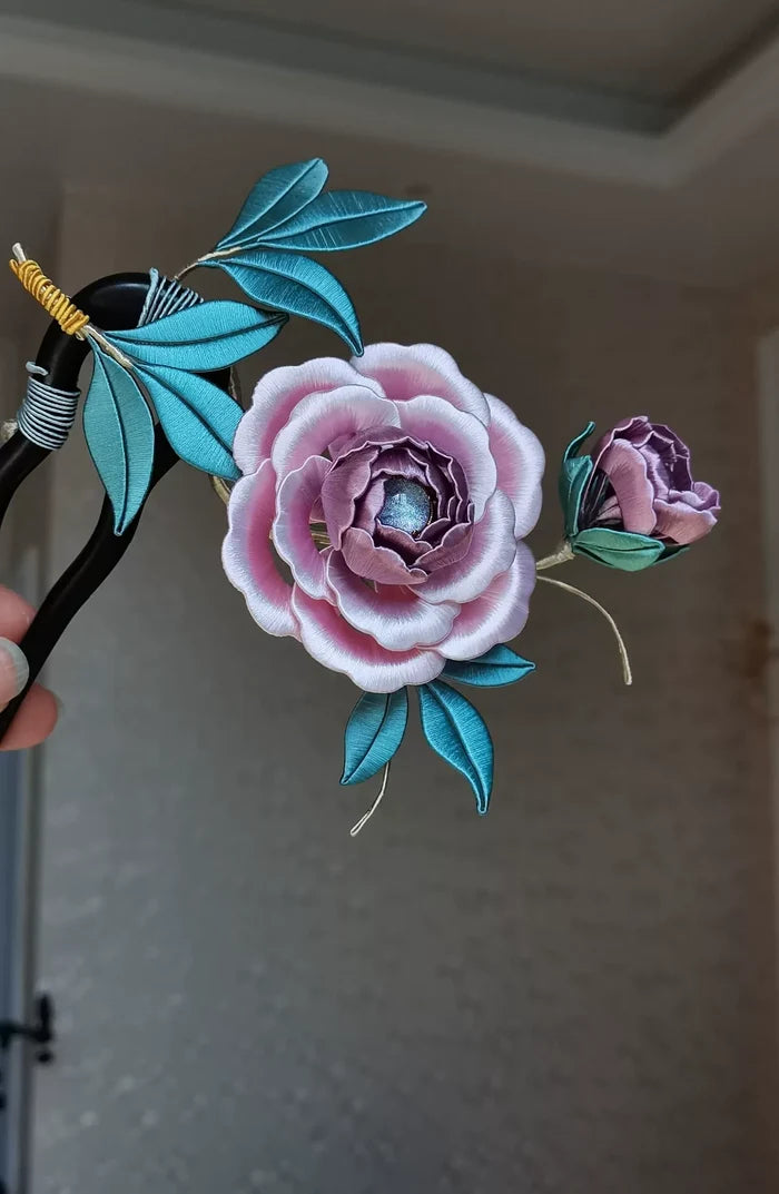 Handmade Chanhua peony hairpin with pink flower and blue leaves-5