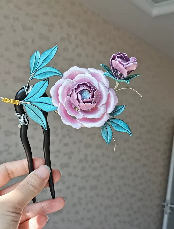 Handmade Chanhua peony hairpin with pink flower and blue leaves-6