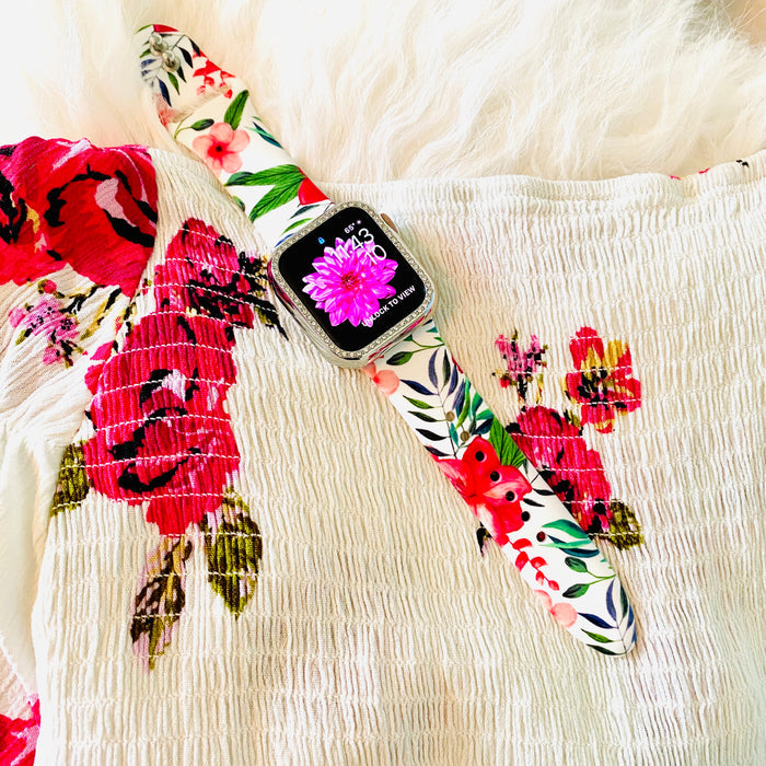 Hawaiian Floral Print Silicone Band For Apple Watch