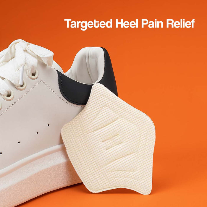 Heel relief kit featuring a white shoe with a beige heel cushion pad on an orange background.