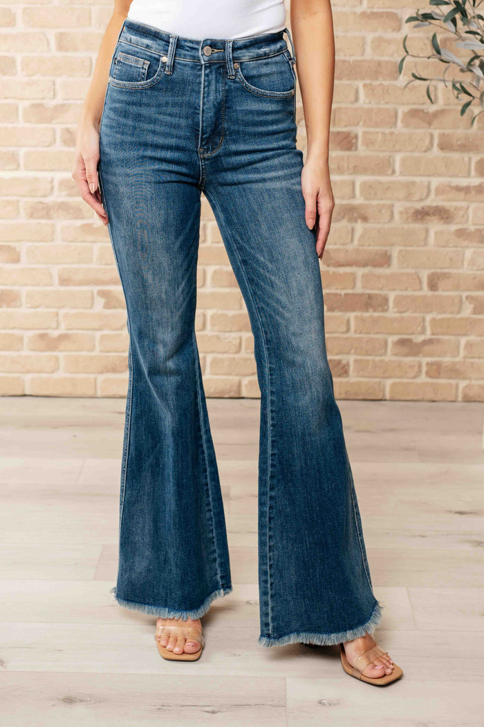 High Rise Tummy Control Frayed Hem Flare Jeans - Judy Blue