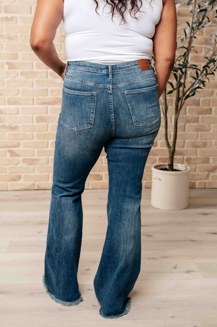 High Rise Tummy Control Frayed Hem Flare Jeans - Judy Blue