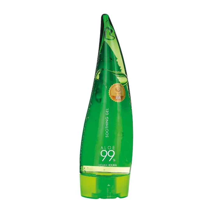 Holika Holika Aloe Vera Soothing Gel 250ml for skin soothing and hydration, featuring clear gel texture and aloe vera ingredients.