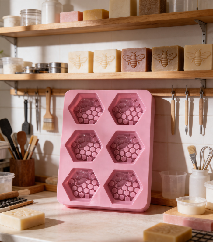 Pink silicone mold with honeycomb design on a kitchen counter