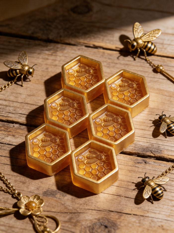Honeycomb-shaped soaps with bees and honeycomb decorations on a wooden surface