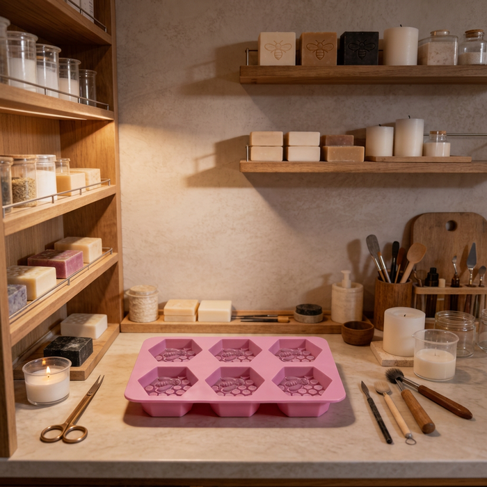 honeycomb silicone mold on a workbench with shelves of soap-making supplies in the background.