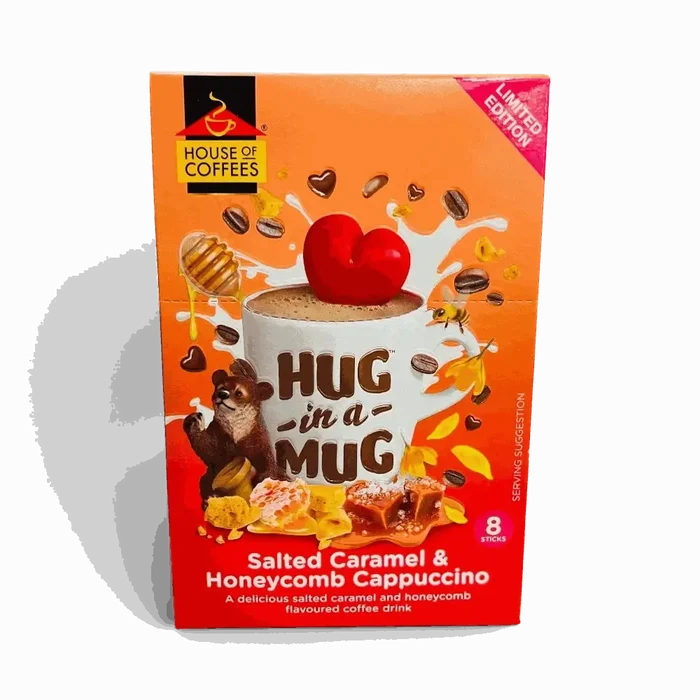 Hug-in-a-Mug Salted Caramel Honeycomb Cappuccino 8 sachets packaging with cup of cappuccino
