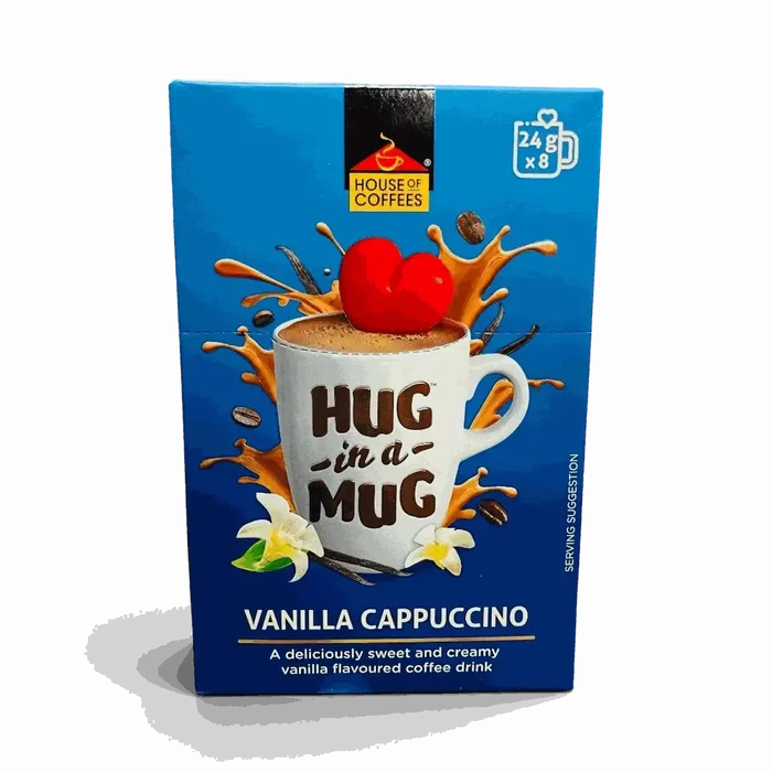 Hug-in-a-Mug Vanilla Cappuccino 8-pack sachets with creamy vanilla coffee drink