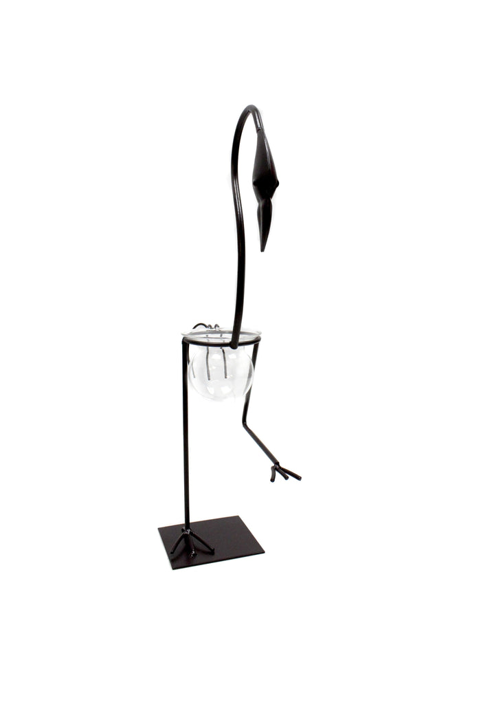 Hydroponic home décor with industrial iron and wood frame, glass tubes for plants, minimalistic floral display stand