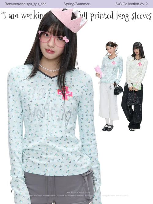 "I am working" v-neck full printed long sleeves top