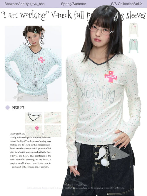 "I am working" v-neck full printed long sleeves top