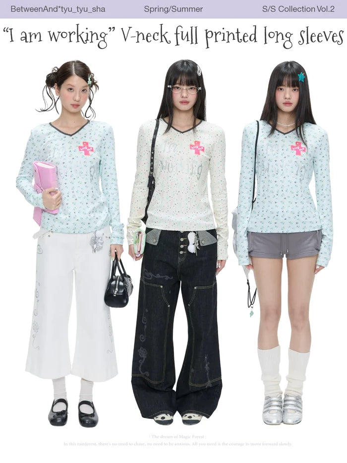 "I am working" v-neck full printed long sleeves top