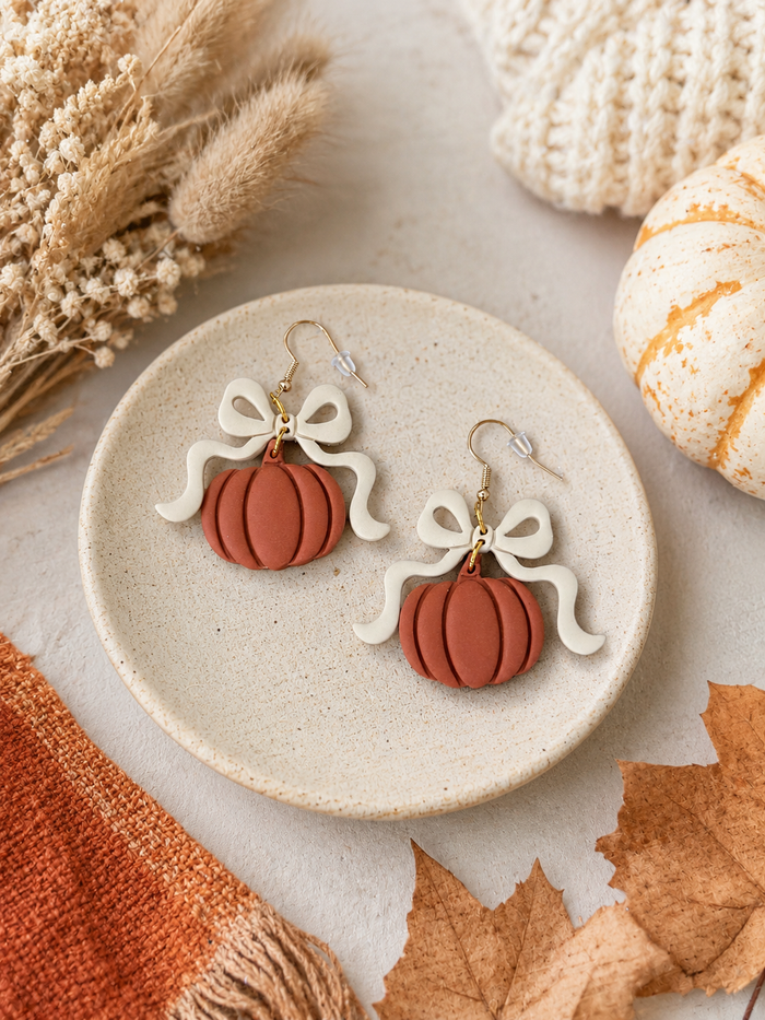 IN-STOCK // Pumpkin and Cream Bow Dangles //LIMITED STOCK
