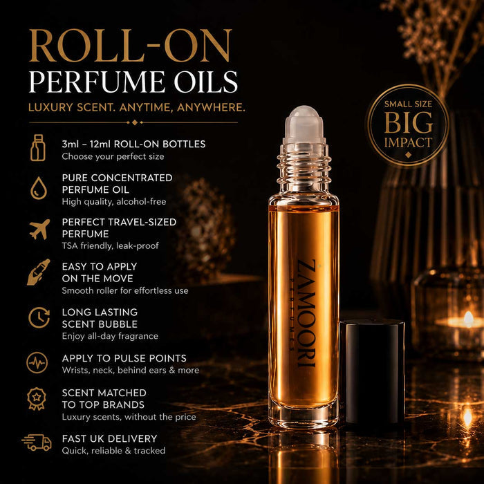 Zamoori perfume oil roll-on infographic