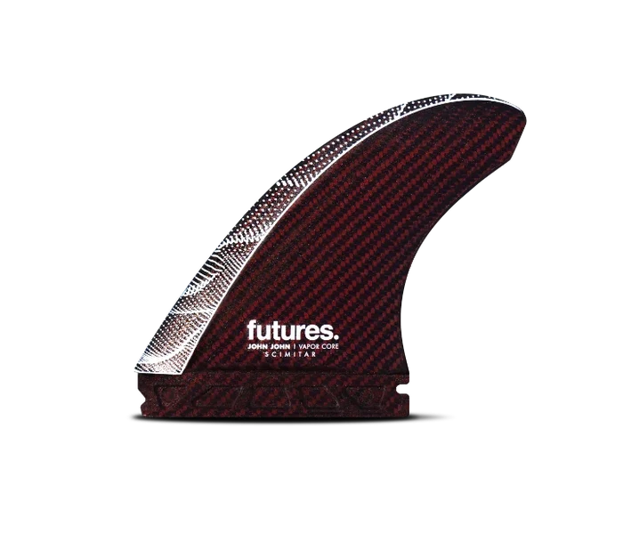 JJF Scimitar Vapor Core large thruster surfboard fins red Futures setup.