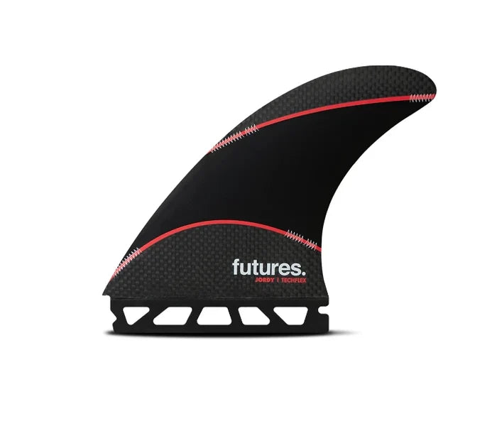 Jordy Techflex Tri large thruster surfboard fins black red Futures.