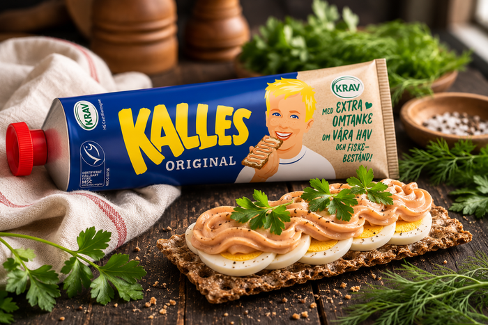 Kalles Kaviar KRAV tube next to Swedish crispbread topped with smoked cod roe spread, boiled egg slices and fresh parsley on a wooden table